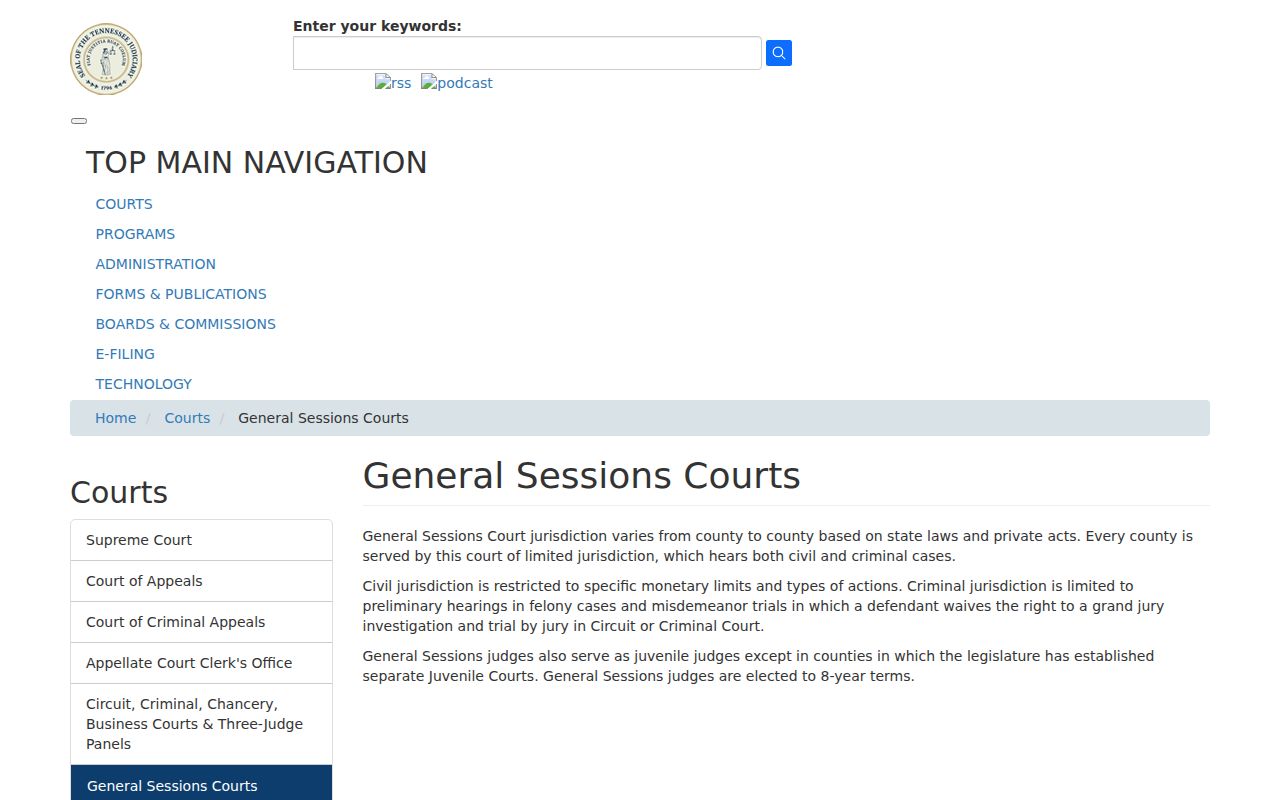 Tennessee Administrative Office of the Courts explanation of General Sessions jurisdiction