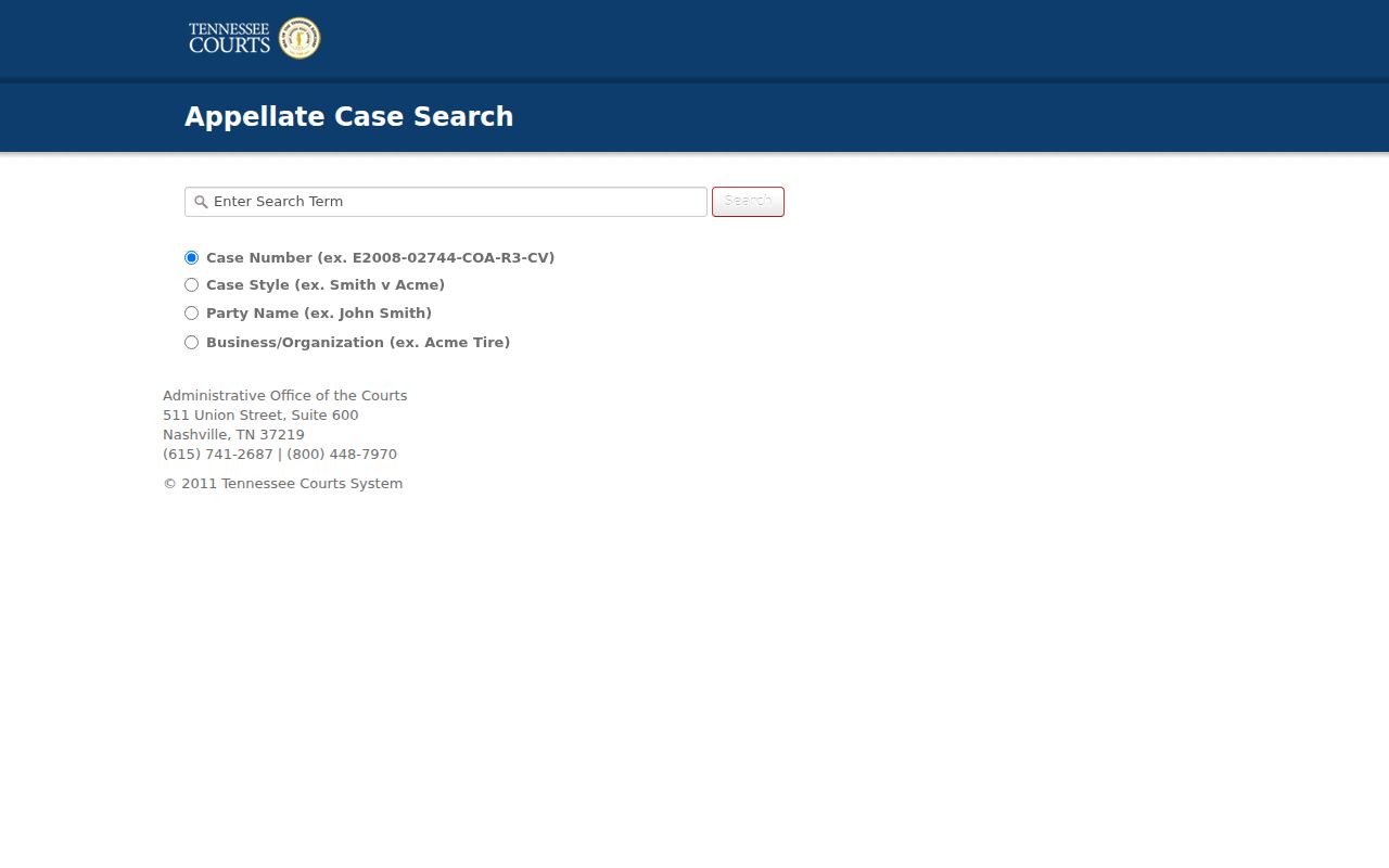 Tennessee appellate case-history search fields, which are not a Bledsoe trial-court warrant search