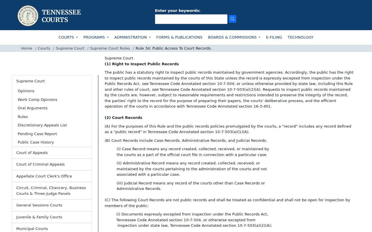 Tennessee Supreme Court Rule 34 court-record access information