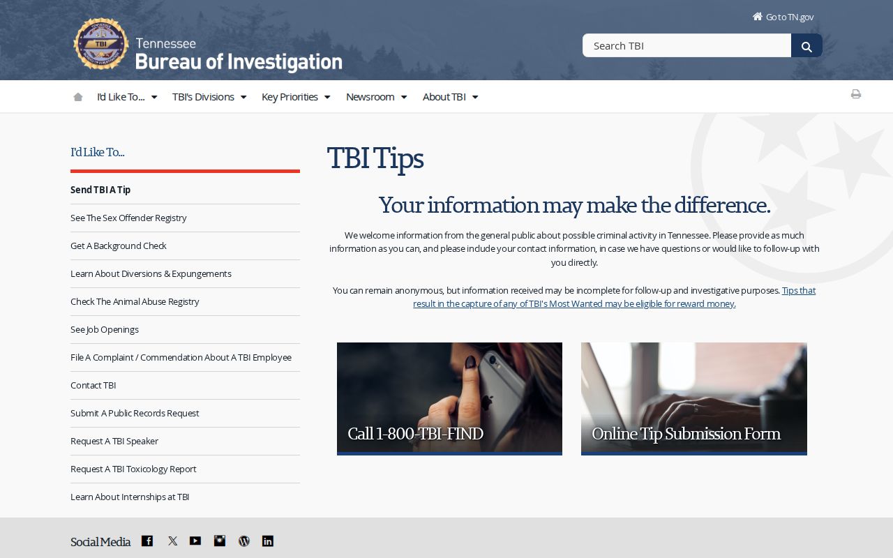 Official anonymous tip channel information from the Tennessee Bureau of Investigation