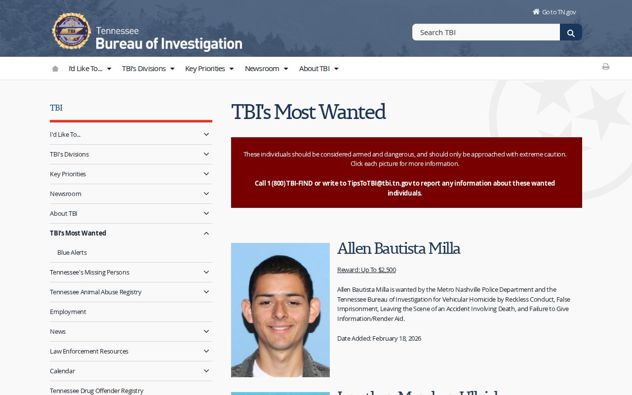 Tennessee Bureau of Investigation Top 10 Most Wanted program information