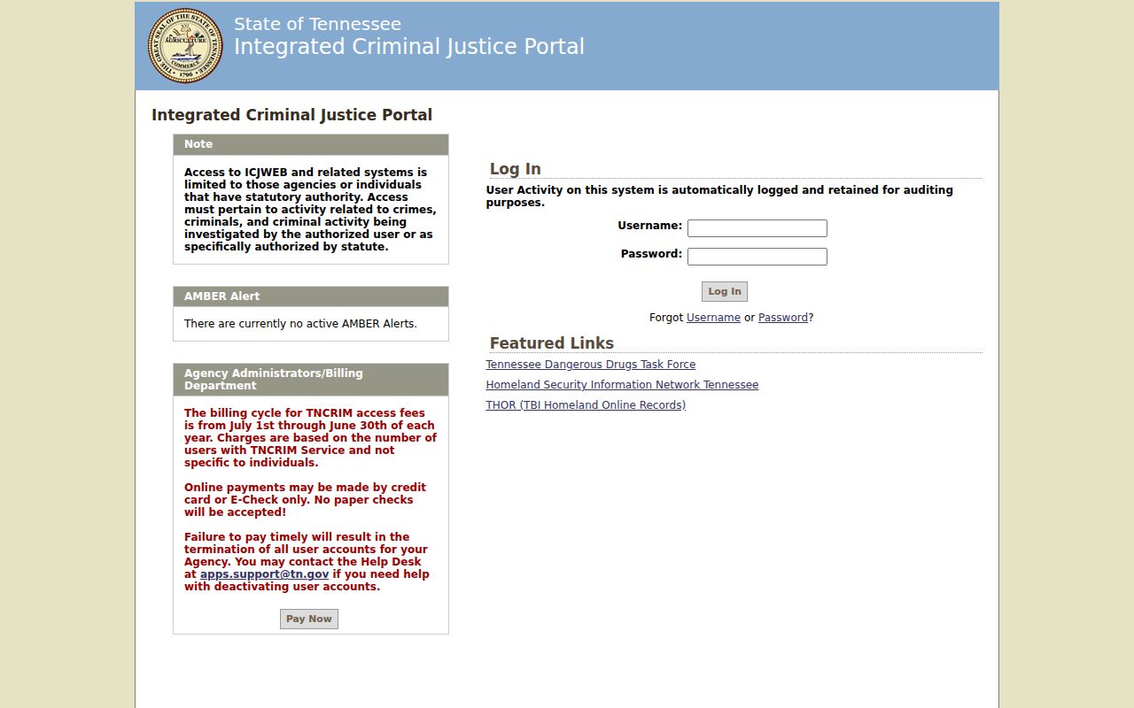 Restricted Tennessee criminal-justice portal sign-in screen