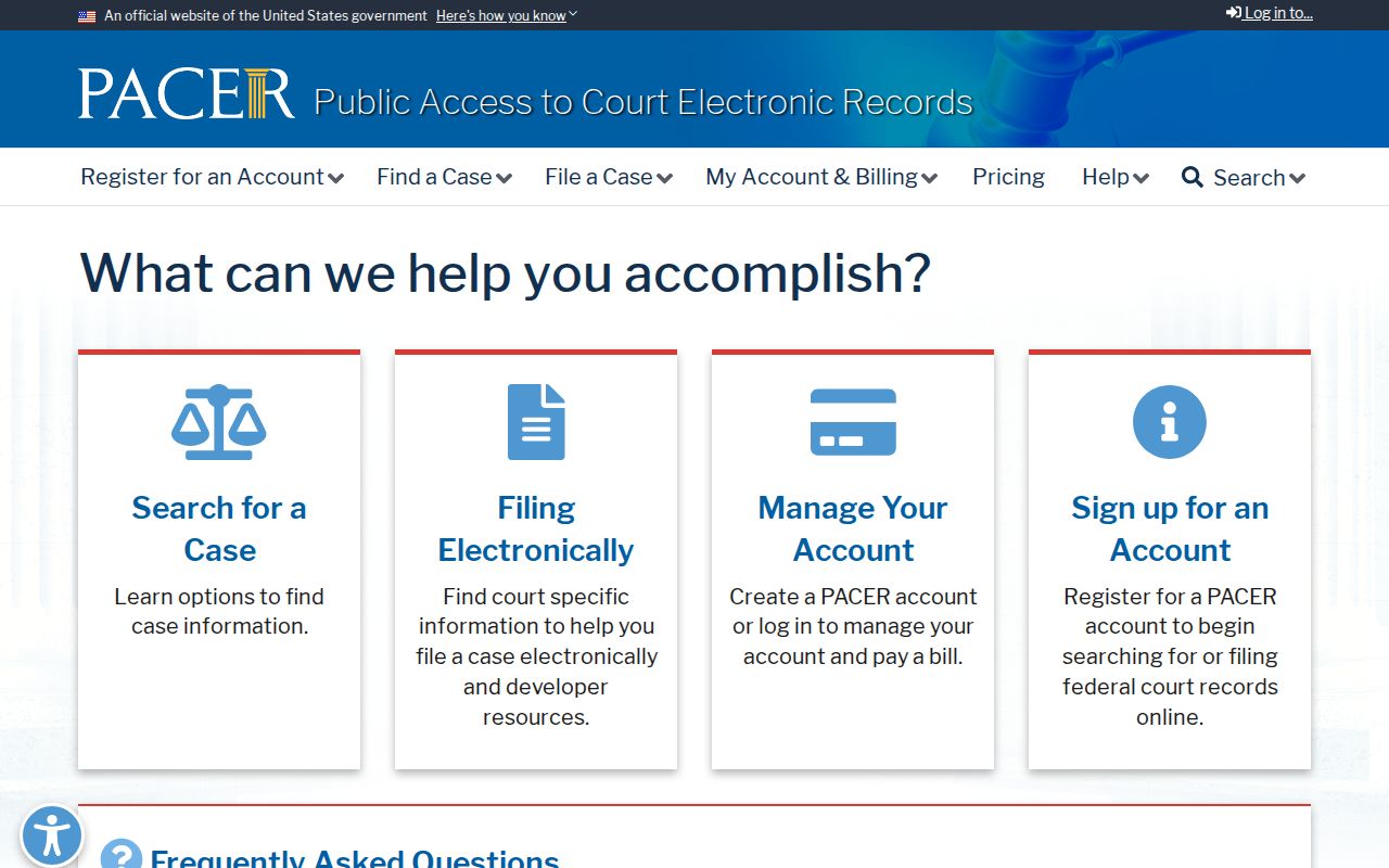 PACER federal court docket service information